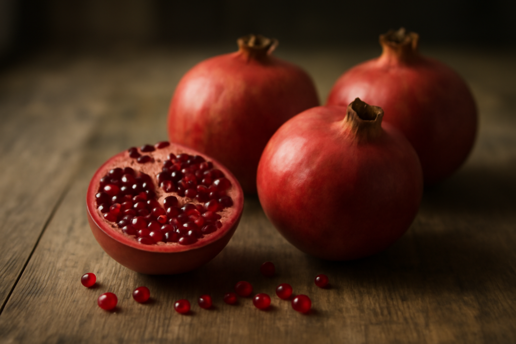 Buah delima utuh dan satu buah yang dibelah memperlihatkan biji merah di atas meja kayu