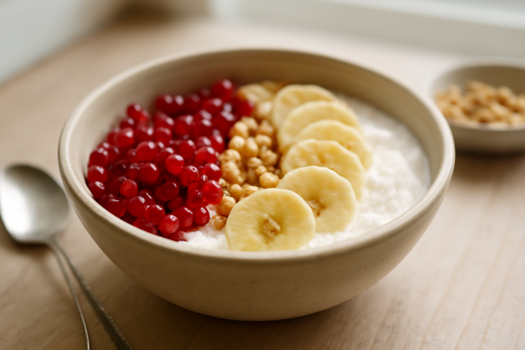 Semangkuk yogurt dengan taburan biji delima dan pisang untuk menu sarapan sehat
